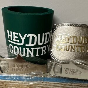 Hey Dude Silver Belt Buckle with Green Koozie and two bottle openers